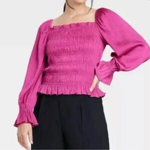 A New Day Pink Smocked Puff Sleeve Blouse